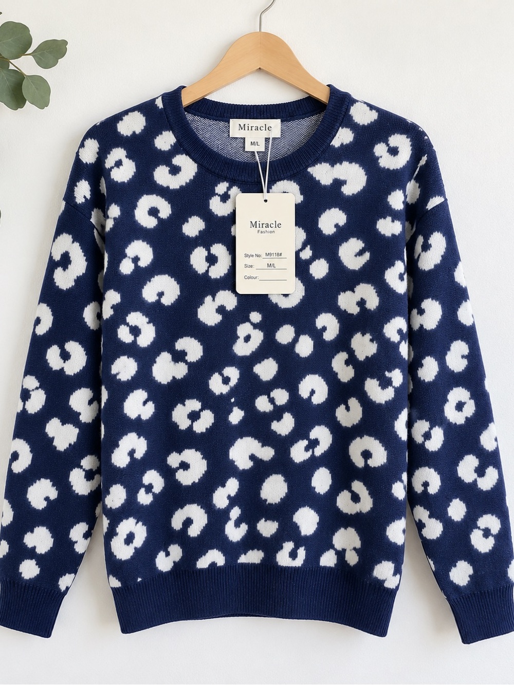 Miracle Fashion Navy White Leopard Print Knit Sweater M/L NWT